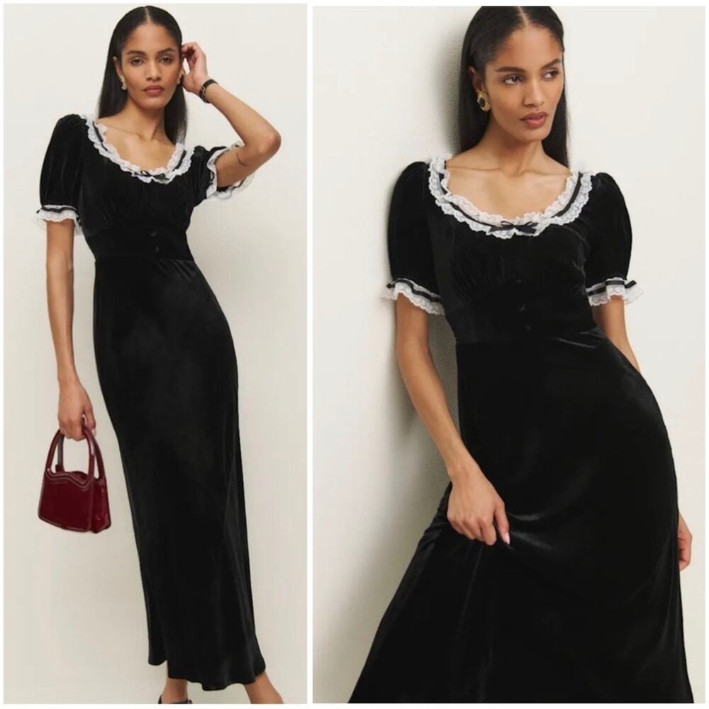 REFORMATION Adessa Velvet Dress Midi Maxi Coquette Lace Trim Puff Sleeve Black